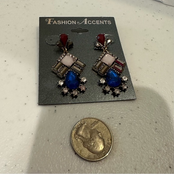 NWT Fashion Accents Earrings gold w/ maroon, pink, royal blue & hematite jewels - Picture 7 of 8